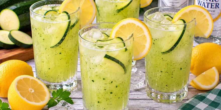 Grünes Zucchinigetränk mit Tonic Water, Zitrone, Wodka und Eiswürfeln.