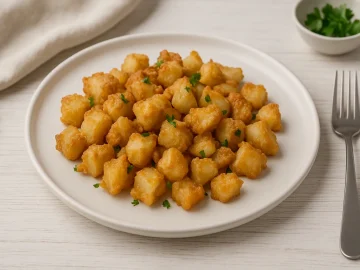 Knusprig ausgebackene Zwiebeln auf weißem Teller, serviert auf weißem Holztisch mit moderner Dekoration.