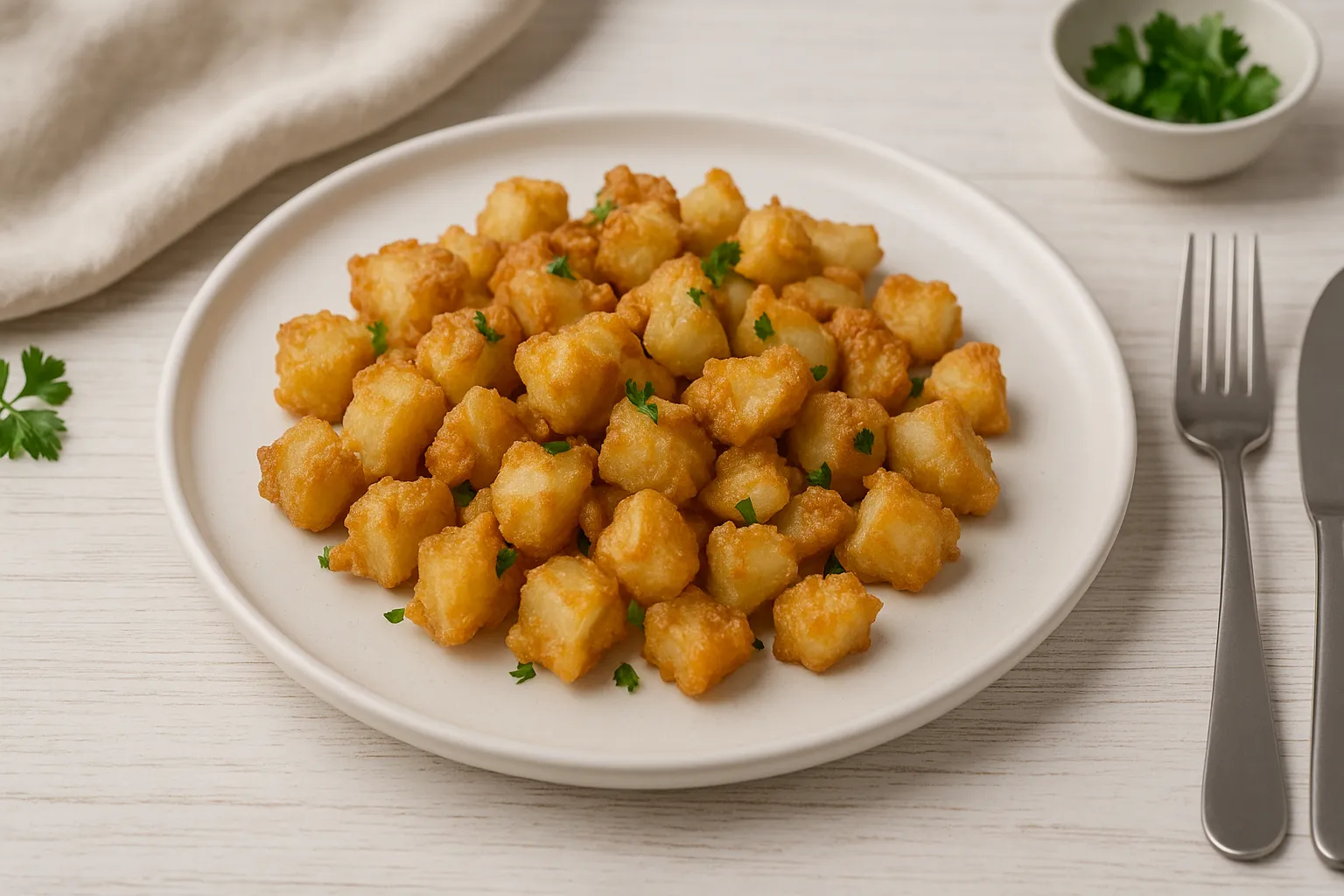  Knusprig ausgebackene Zwiebeln auf weißem Teller, serviert auf weißem Holztisch mit moderner Dekoration.