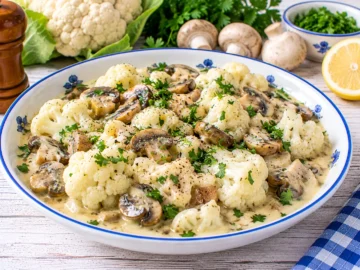 Cremiges Blumenkohlragout mit Champignons, heller Sahnesoße und Petersilie.