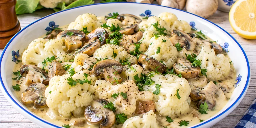 Cremiges Blumenkohlragout mit Champignons, heller Sahnesoße und Petersilie.
