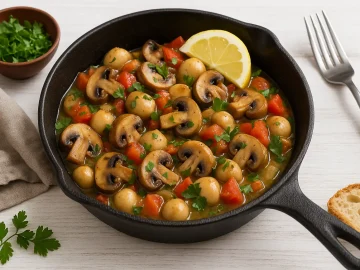Champignons mit Zwiebeln, Tomaten und Petersilie in rustikaler Gusseisenpfanne, dekoriert mit Kräutern und Zitrone auf weißem Holzhintergrund