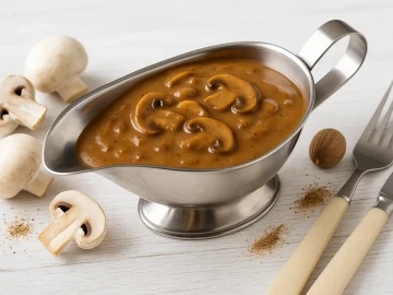 Braune Champignonsoße in Edelstahlsauciere, serviert auf weißem Holzhintergrund mit Pilzen als Dekoration