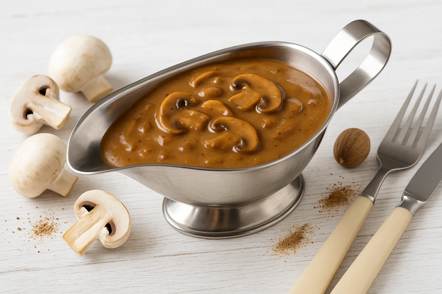 Braune Champignonsoße in Edelstahlsauciere, serviert auf weißem Holzhintergrund mit Pilzen als Dekoration