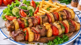 Gegrillte Budapester Spieße mit Rindfleisch, Schweinefleisch, Speck, Kartoffeln, Tomaten und Paprika.