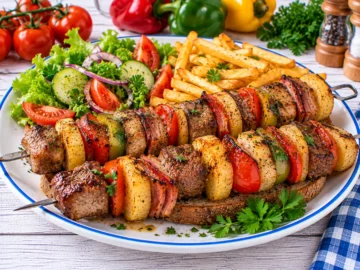 Gegrillte Budapester Spieße mit Rindfleisch, Schweinefleisch, Speck, Kartoffeln, Tomaten und Paprika.