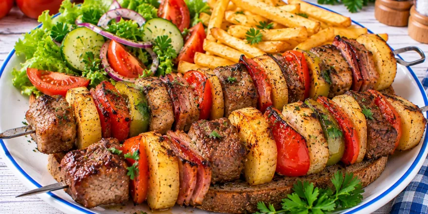 Gegrillte Budapester Spieße mit Rindfleisch, Schweinefleisch, Speck, Kartoffeln, Tomaten und Paprika.