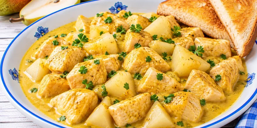 Curry-Huhn mit Hühnerbrust und Birnenstücken in cremiger gelber Currysoße.