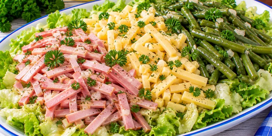 Dreifarbensalat mit Schinkenstreifen, Käse, grünen Bohnen und frischem Blattsalat.