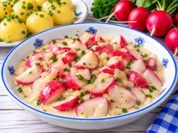 Gedünstete Radieschen mit Zwiebeln in einer cremigen Sahnesoße.