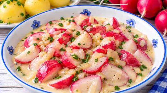 Gedünstete Radieschen mit Zwiebeln in einer cremigen Sahnesoße.
