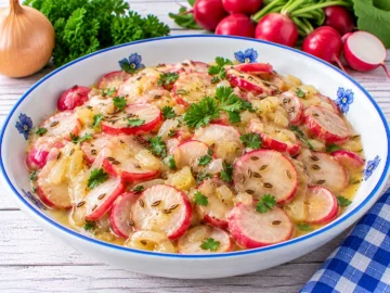 Gedünstete Radieschenscheiben mit Zwiebeln, Butter und Kümmel.
