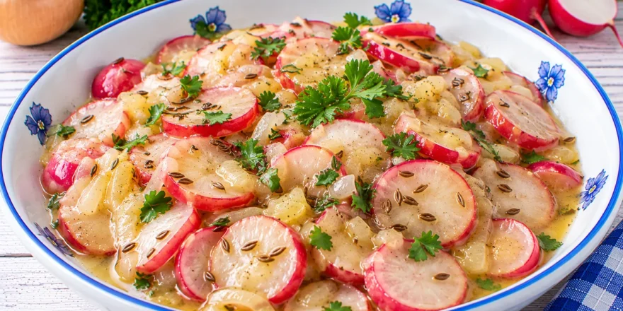 Gedünstete Radieschenscheiben mit Zwiebeln, Butter und Kümmel.