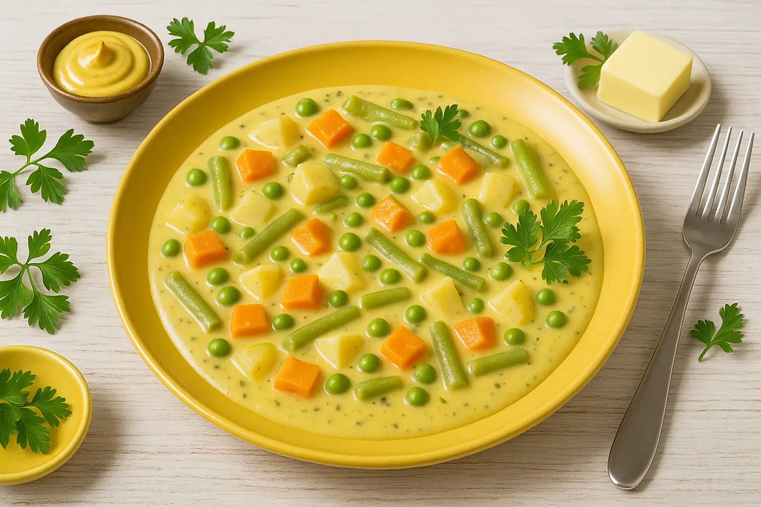  Gemüse in Senfsoße mit Erbsen, Karotten, Kohlrabi und Bohnen auf gelbem Teller, dekoriert mit Kräutern auf weißem Holzhintergrund