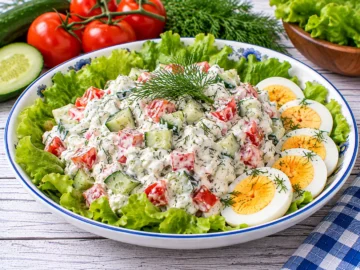 Cremiger Gemüsequark mit Gurkenwürfeln, Tomaten, Dill und frischen Salatblättern.