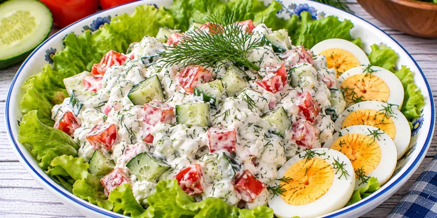 Cremiger Gemüsequark mit Gurkenwürfeln, Tomaten, Dill und frischen Salatblättern.