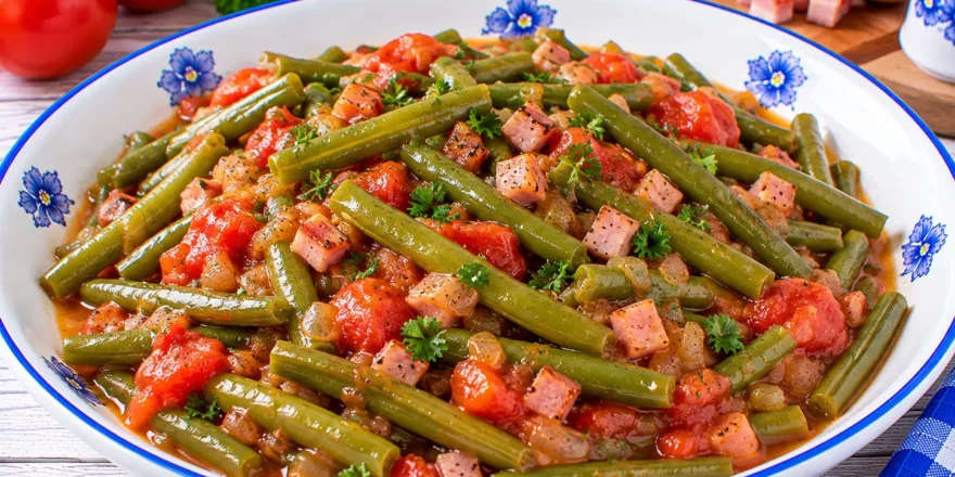 Grüne Bohnen mit Tomaten, Schinken und Zwiebeln in würziger Tomatensoße.