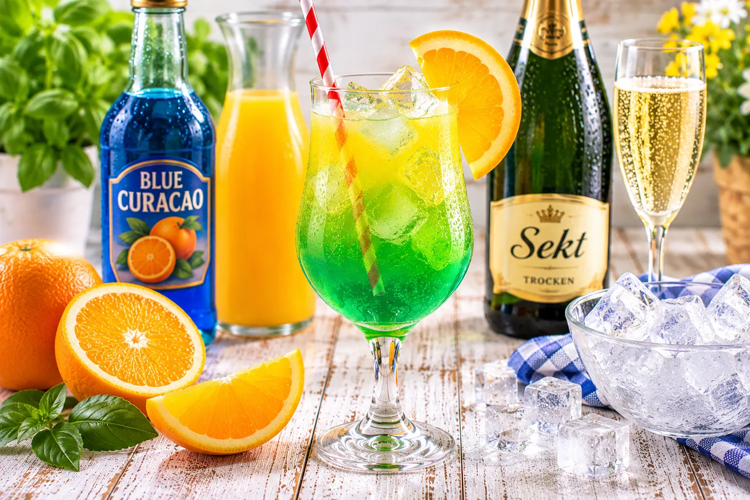 Grüne Wiese Cocktail aus Blue Curacao, Orangensaft und Sekt mit Eiswürfeln und Orangenscheibe in einem hohen Glas.