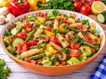 Bunter Gundelsalat mit Paprika, Champignons, Bohnen, Spargel, Tomaten und Gurke.
