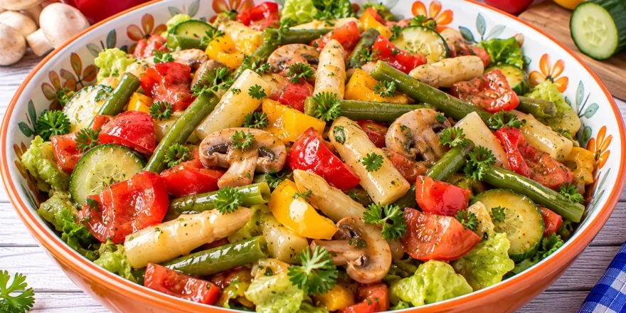 Bunter Gundelsalat mit Paprika, Champignons, Bohnen, Spargel, Tomaten und Gurke.