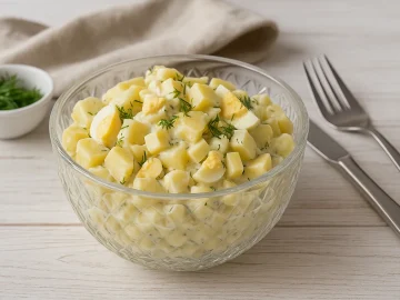 Kartoffelsalat mit Käse, Eiern und Dill in Retro-Glasschüssel auf hellem Holztisch