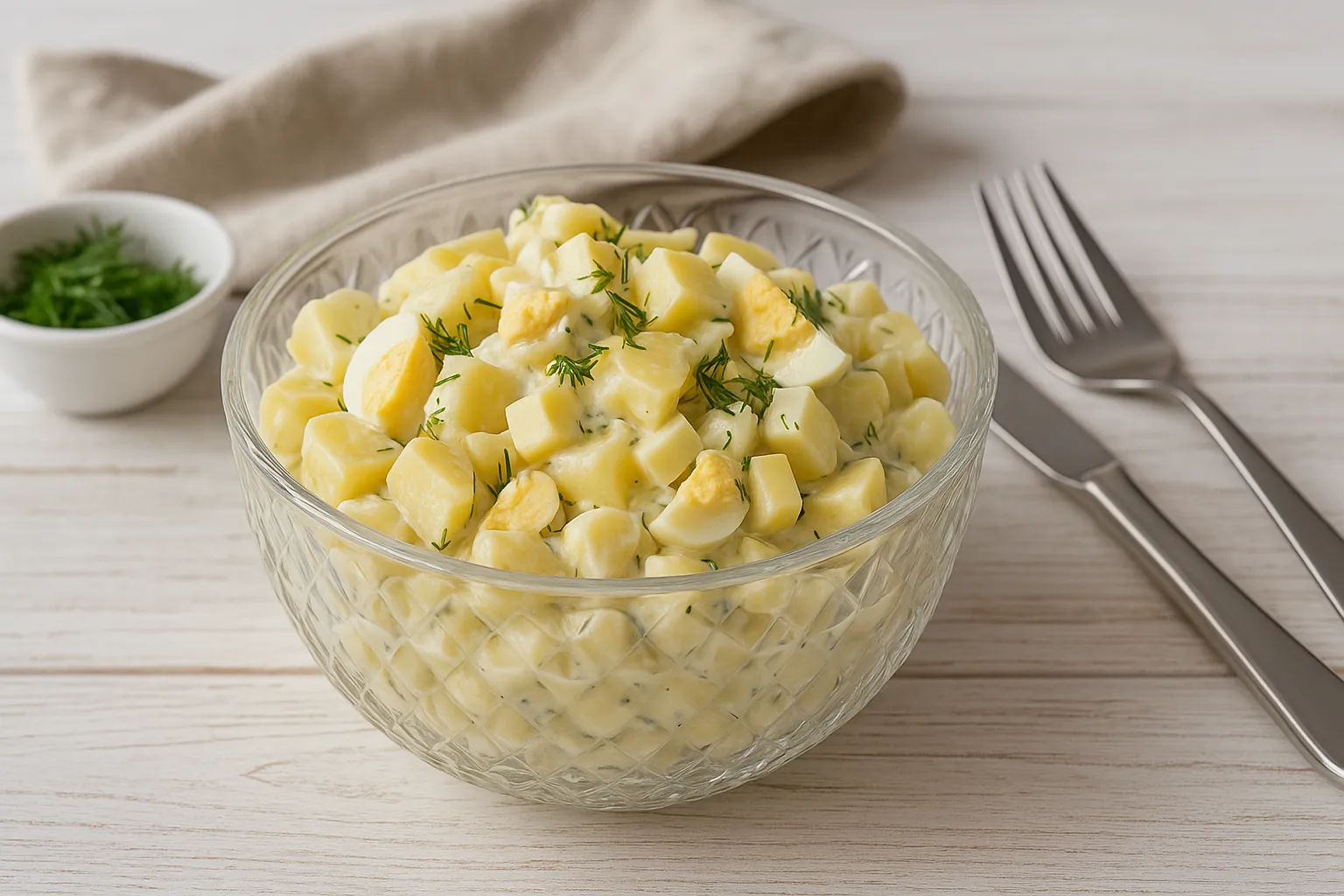 Kartoffelsalat mit Käse, Eiern und Dill in Retro-Glasschüssel auf hellem Holztisch