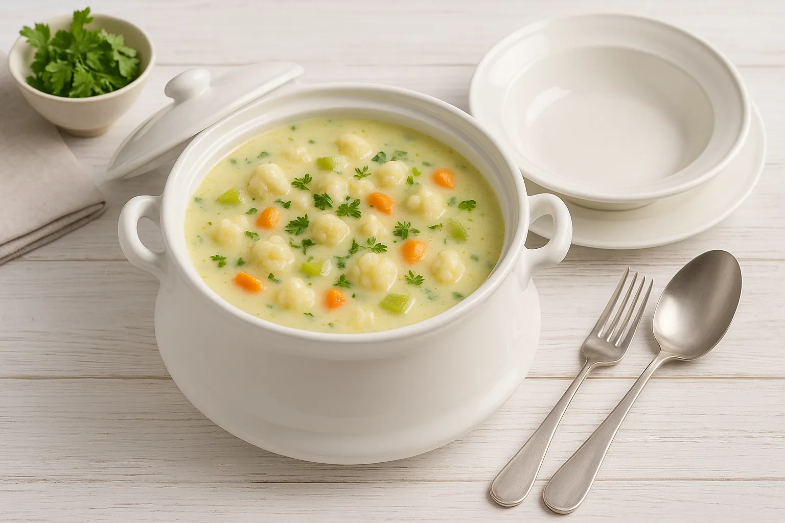  Helle Gemüsesuppe in einer weißen Retro-Suppenterrine mit passenden Tellern und Besteck auf weißem Holztisch.