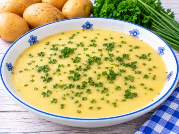 Helle Kartoffelsuppe mit Milch, Butter und frischen Kräutern.