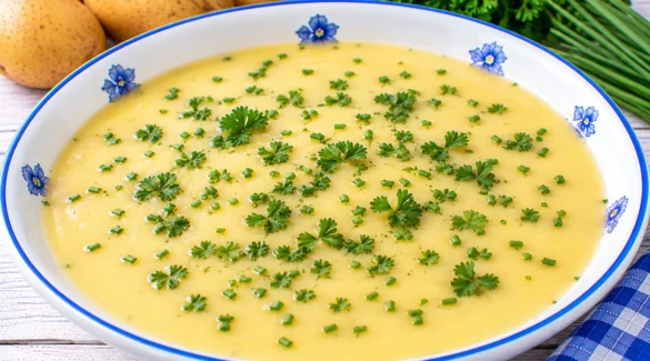 Helle Kartoffelsuppe mit Milch, Butter und frischen Kräutern.