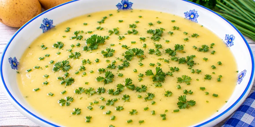 Helle Kartoffelsuppe mit Milch, Butter und frischen Kräutern.