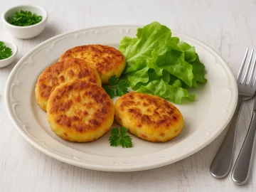 Herzhafte Quarkkeulchen auf weißem Teller, serviert mit frischem Salat und Dekoration auf Holztisch