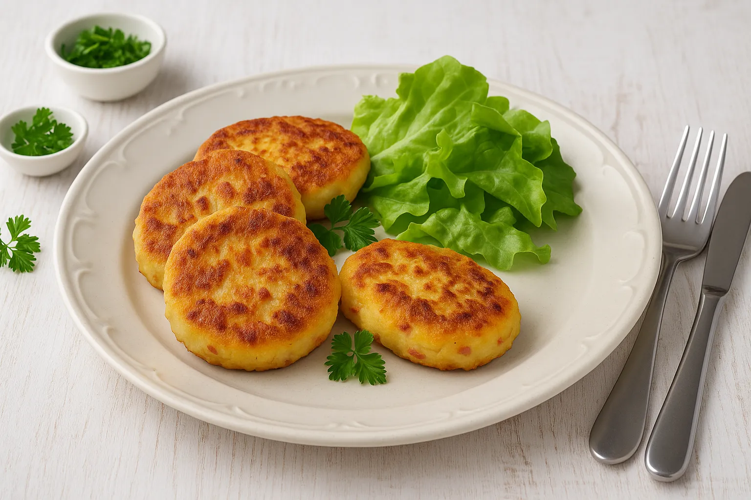 Herzhafte Quarkkeulchen auf weißem Teller, serviert mit frischem Salat und Dekoration auf Holztisch