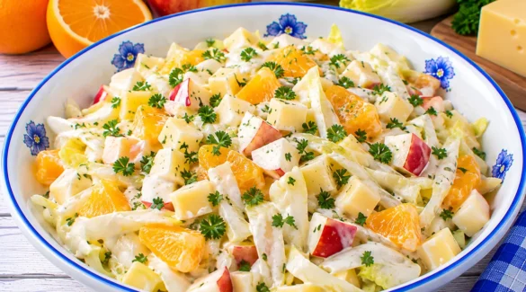 Holländischer Käsesalat mit Chicorée, Käsewürfeln, Apfel und Orange.