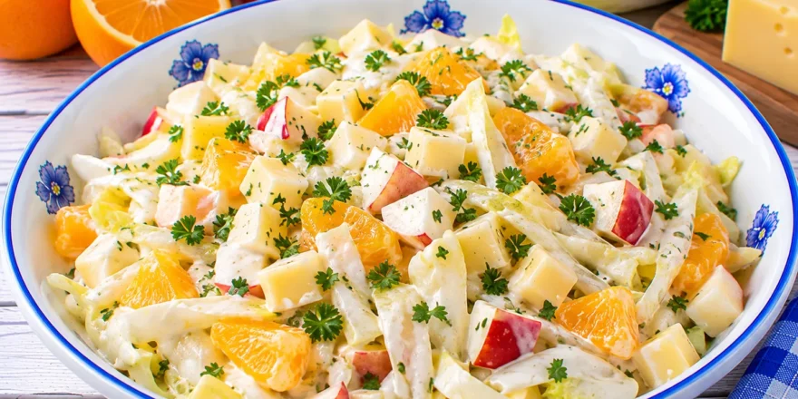 Holländischer Käsesalat mit Chicorée, Käsewürfeln, Apfel und Orange.