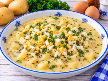 Cremige Kartoffelsuppe mit saurer Sahne, gehacktem Ei und Petersilie.