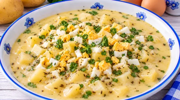 Cremige Kartoffelsuppe mit saurer Sahne, gehacktem Ei und Petersilie.