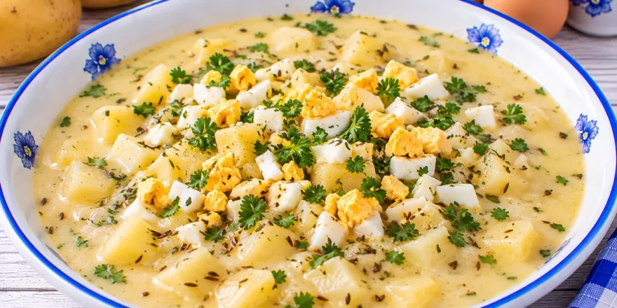 Cremige Kartoffelsuppe mit saurer Sahne, gehacktem Ei und Petersilie.