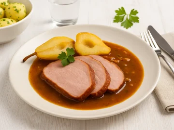 Kaßlerbraten mit glasierten Birnen auf weißem Teller, serviert mit Soße und Beilage