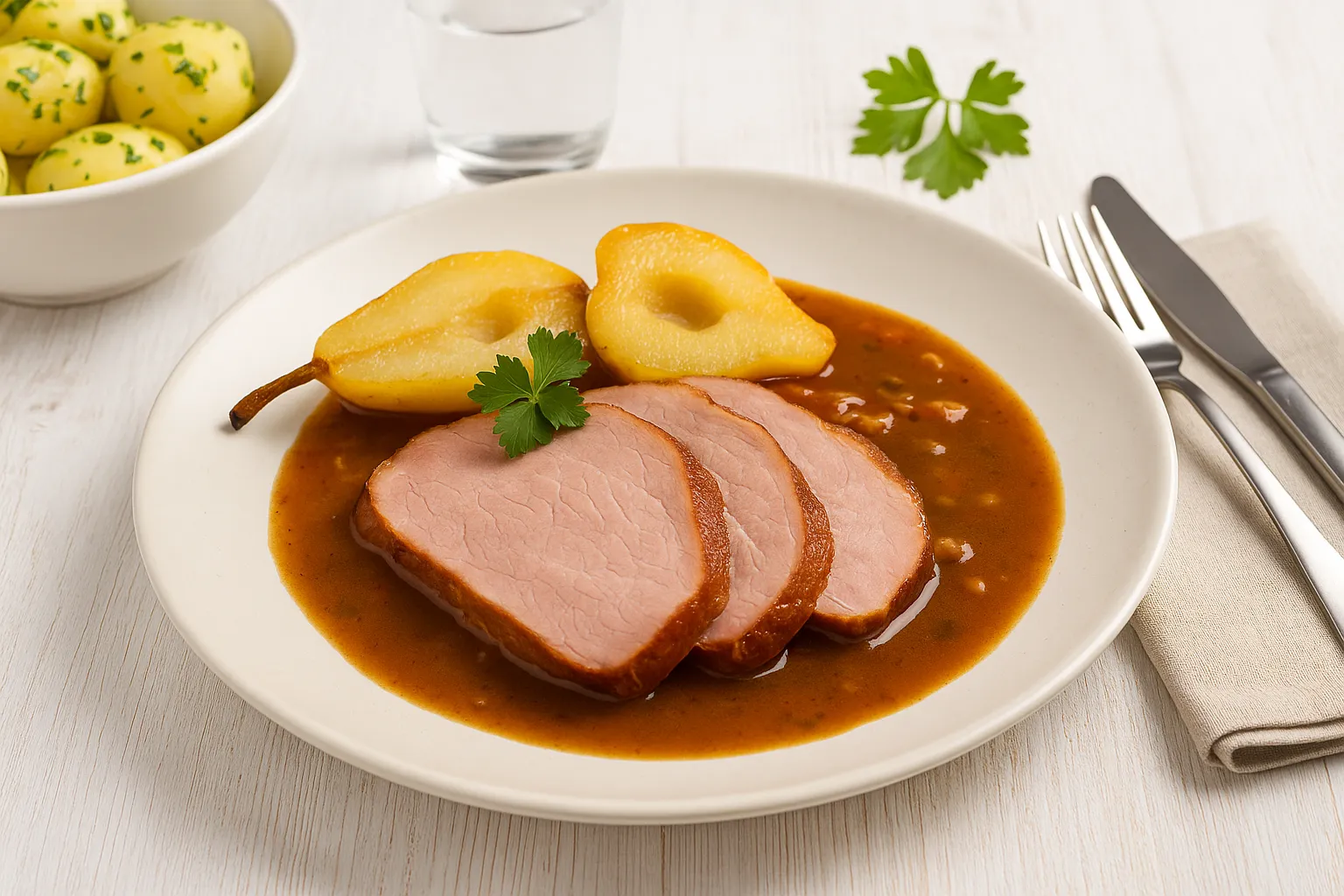 Kaßlerbraten mit glasierten Birnen auf weißem Teller, serviert mit Soße und Beilage