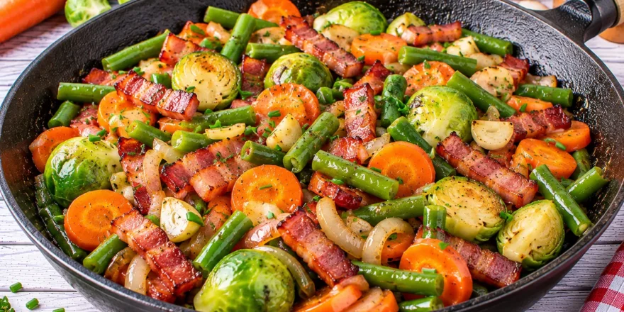 Mischgemüse mit Karotten, grünen Bohnen, Rosenkohl und geräuchertem Speck.