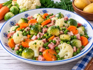Buntes Mischgemüse mit Möhren, Erbsen, Blumenkohl, Rosenkohl und gekochtem Schinken in Butter.