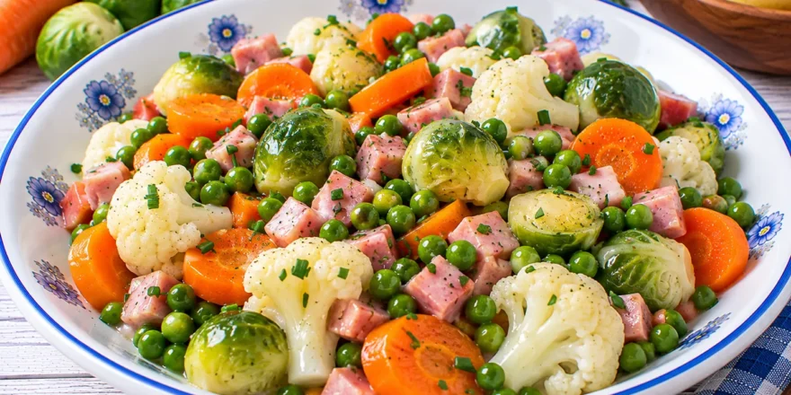 Buntes Mischgemüse mit Möhren, Erbsen, Blumenkohl, Rosenkohl und gekochtem Schinken in Butter.