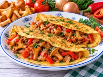 Goldgelber Eierkuchen mit Pfifferlingen, Tomaten, Paprika, Zwiebeln und Petersilie.