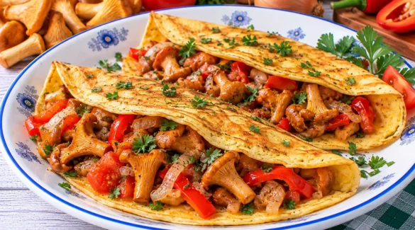 Goldgelber Eierkuchen mit Pfifferlingen, Tomaten, Paprika, Zwiebeln und Petersilie.