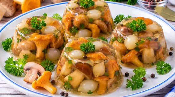 Gestürzte Pilze in klarem Aspik mit Perlzwiebeln und Gewürzen.