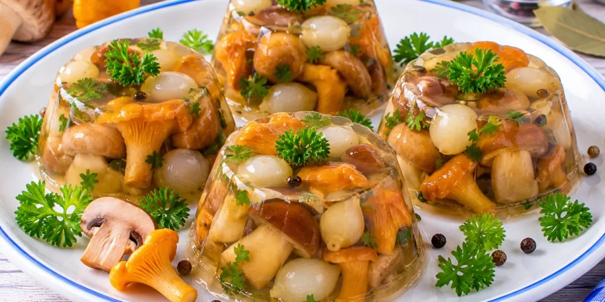 Gestürzte Pilze in klarem Aspik mit Perlzwiebeln und Gewürzen.