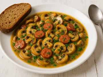 Pilzgemüse mit Knackwurststücken, Zwiebeln und Petersilie in weißem Teller, serviert mit Schwarzbrot auf weißem Holztisch