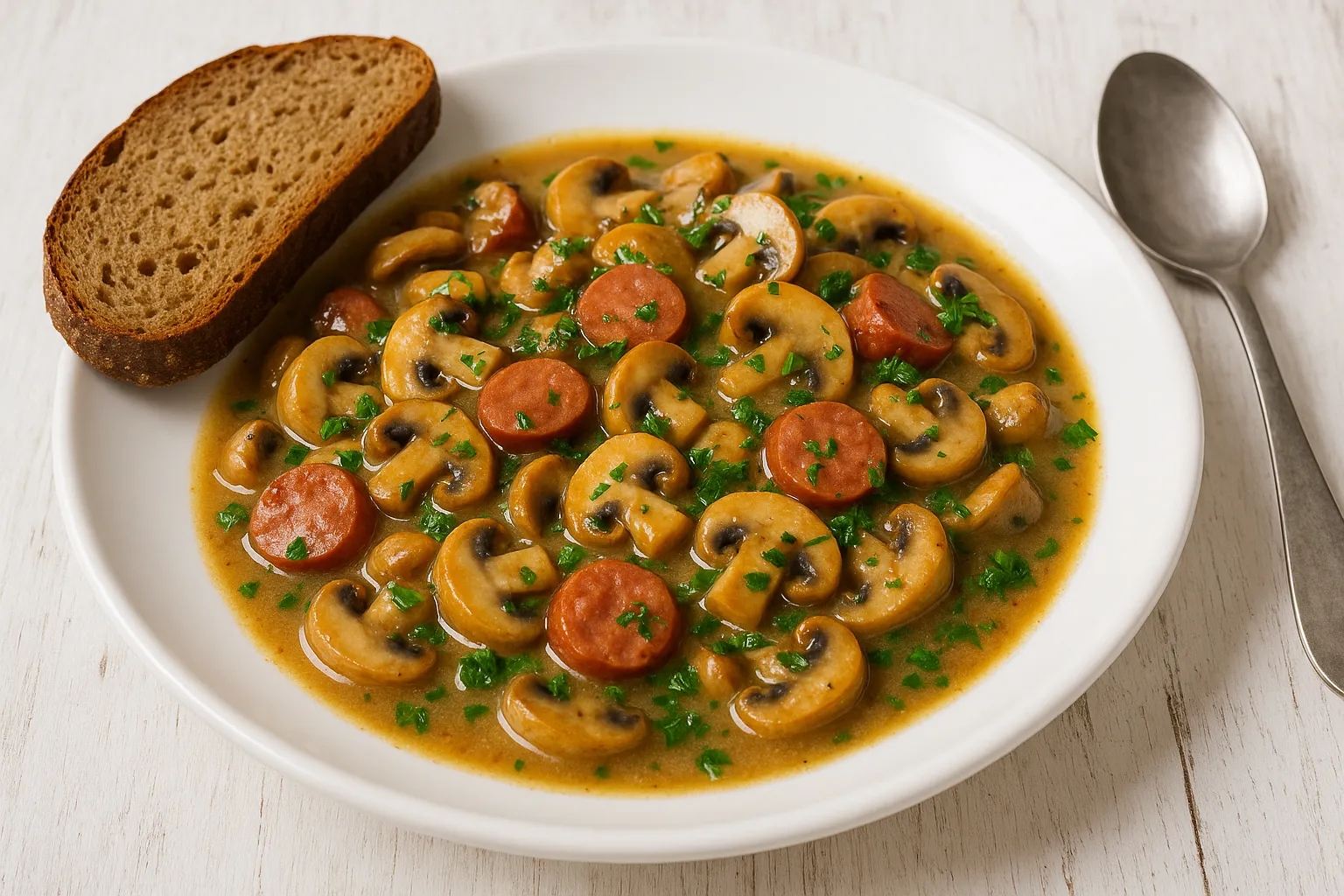 Pilzgemüse mit Knackwurststücken, Zwiebeln und Petersilie in weißem Teller, serviert mit Schwarzbrot auf weißem Holztisch