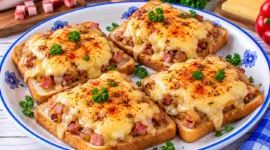 Überbackene polnische Toasts mit Schinkenspeck, Zwiebeln und geschmolzenem Käse.