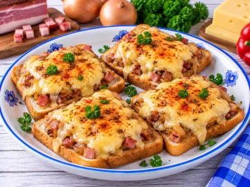 Überbackene polnische Toasts mit Schinkenspeck, Zwiebeln und geschmolzenem Käse.